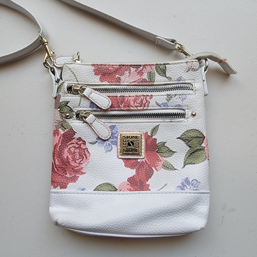 Stone & Co Floral Crossbody Bag Womens Small White Rose Floral Leather Look